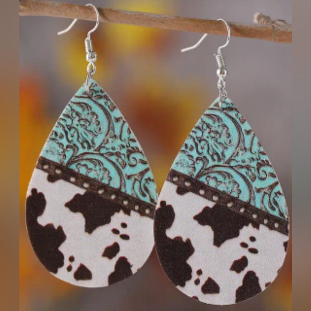 2/$30 Or‎ 3/$35 Western Boho Teardrop Earrings with Turquoise Cow Print (#025)